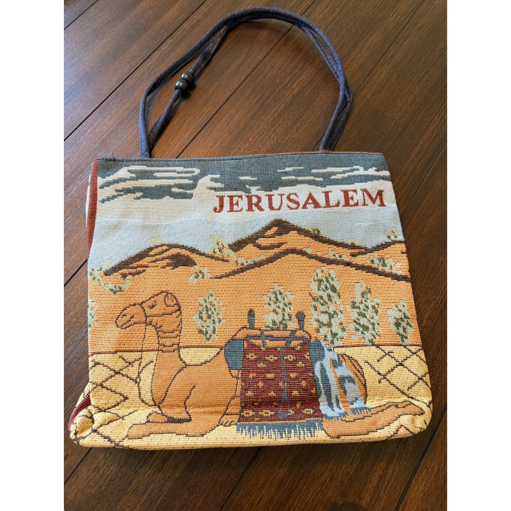 Jerusalem Souvenir Tapestry Tote Bag Camel Desert Scene Zip Top Blue Tan